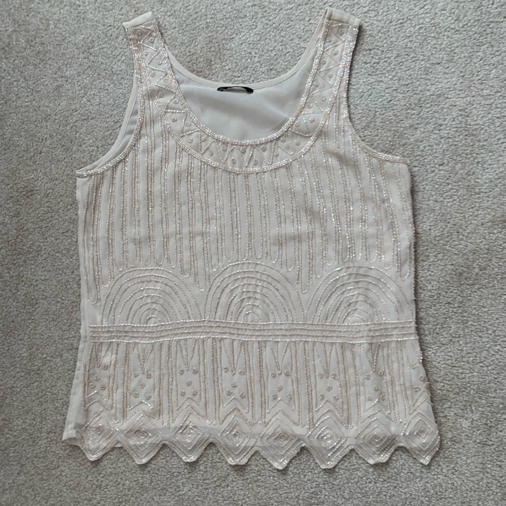 Cream Graphic Embellished Tank Top